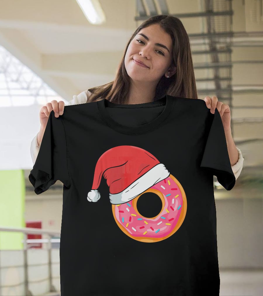 Santa Hat On Sprinkled Donut Holiday Humor T-Shirt