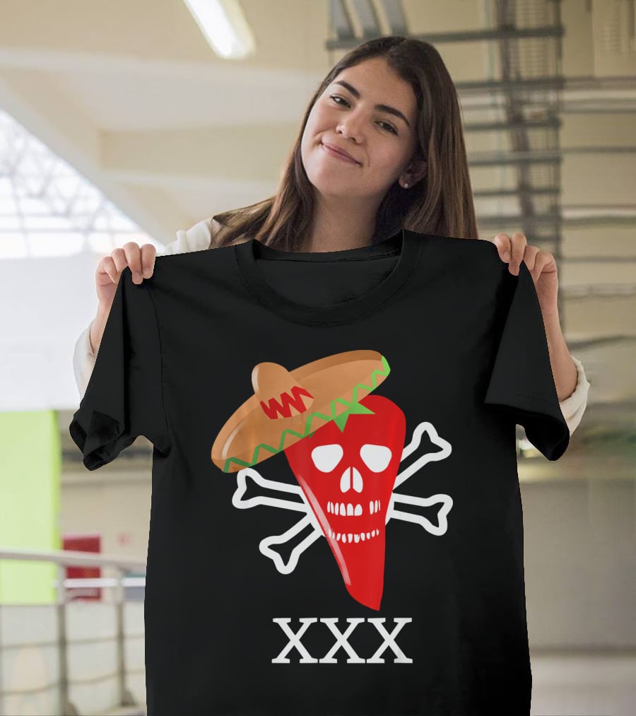 Funny Red Hot Chili Pepper Sombrero Skull Crossbones XXX T-Shirt