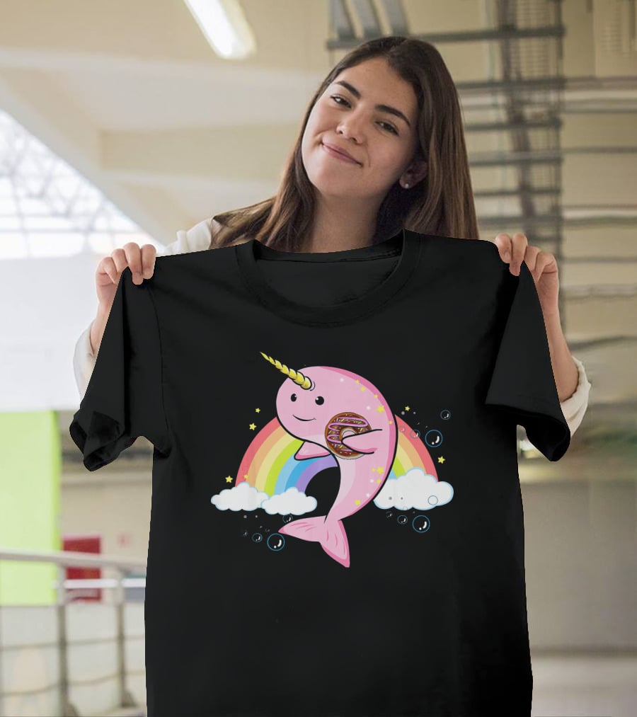 Funny Narwhal Unicorn Of The Sea With Donut On Rainbow Cloud T-Shirt