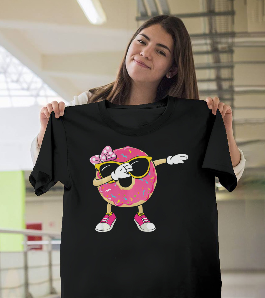 Dabbing Donut With Pink Frosting Sunglasses And Bow T-Shirt