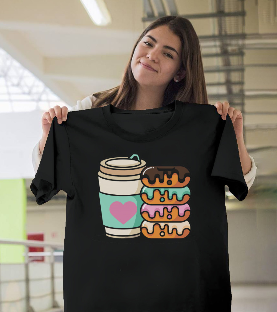 Coffee Donut Lover Heart Stack Doughnut T-Shirt