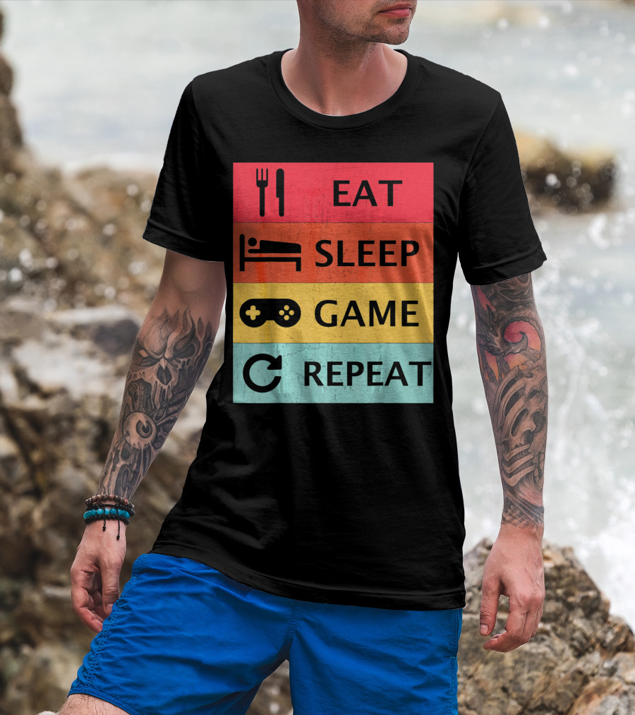 Eat Sleep Game Repeat Meme Retro Icons T-Shirt
