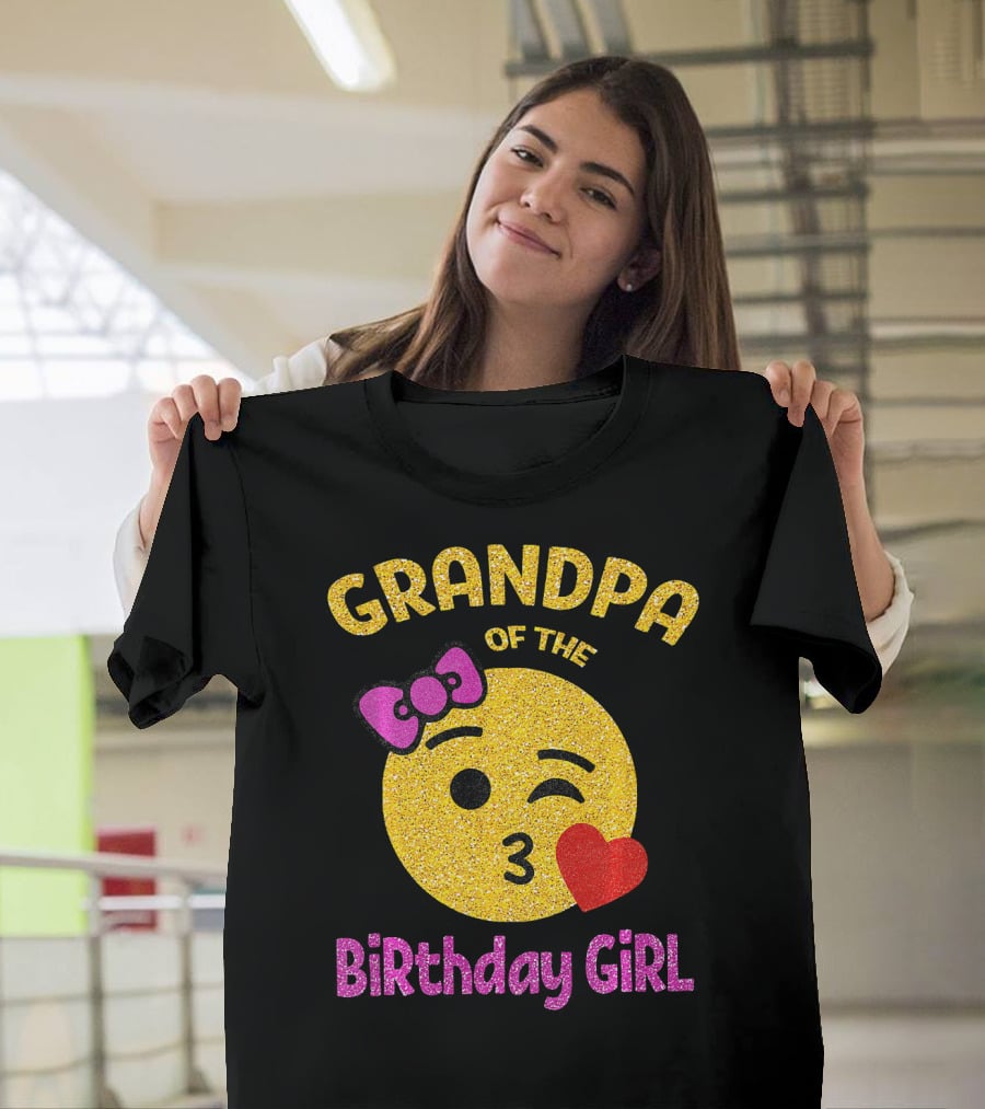 Grandpa Of The Birthday Girl Glitter Emoji Pink Bow Heart Kiss T-Shirt