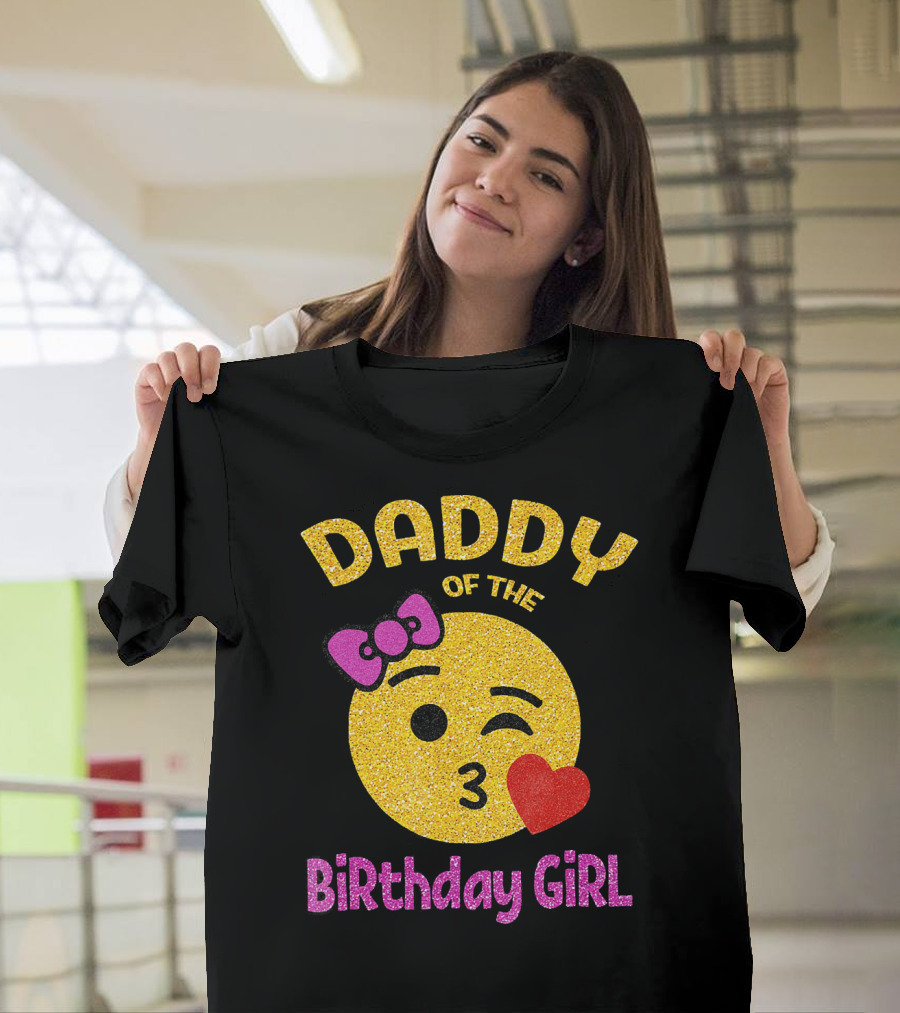 Daddy Of The Birthday Girl Emoji Pink Glitter Heart Bow T-Shirt