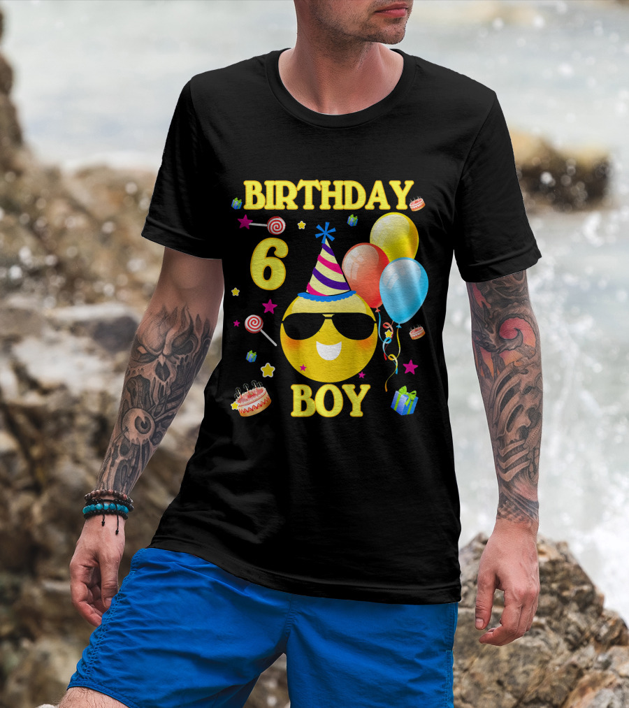 Birthday 6 Boy Emoji With Party Hat And Balloons T-Shirt