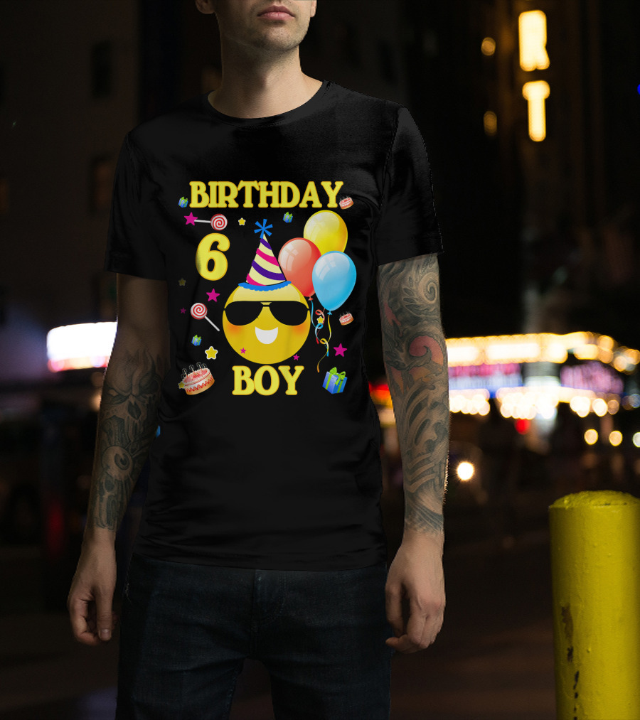 Birthday 6 Boy Emoji With Party Hat And Balloons T-Shirt