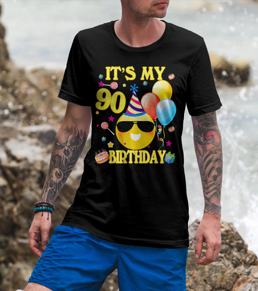 It's My 90 Birthday Cute Emoji Cake Balloons Party Hat T-Shirt