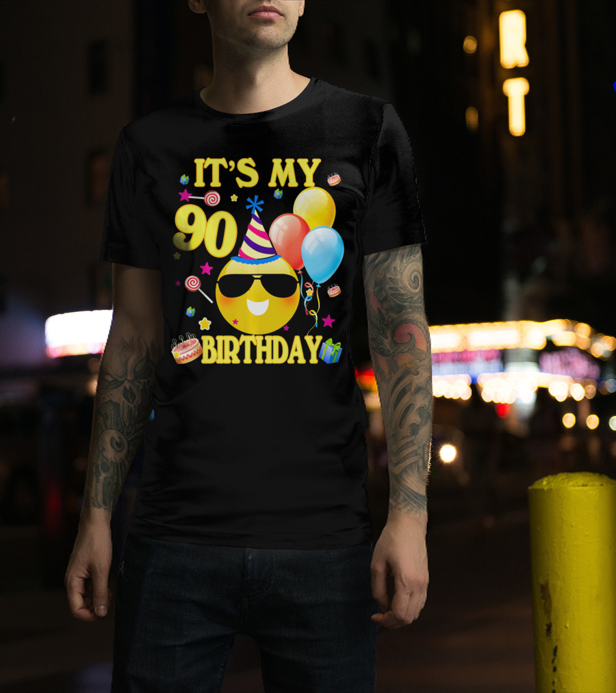 It's My 90 Birthday Cute Emoji Cake Balloons Party Hat T-Shirt