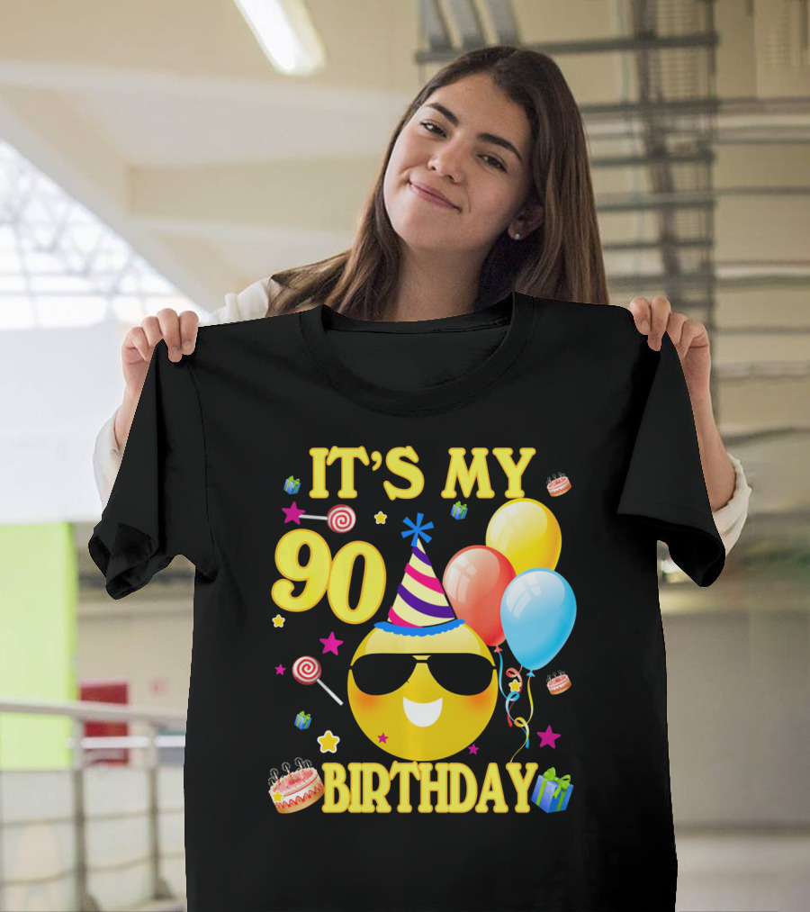 It's My 90 Birthday Cute Emoji Cake Balloons Party Hat T-Shirt