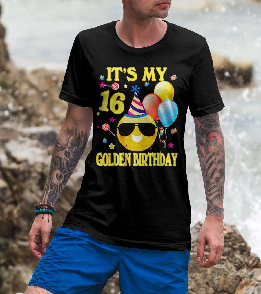 It's My 16 Golden Birthday Emoji Balloons Party Hat T-Shirt
