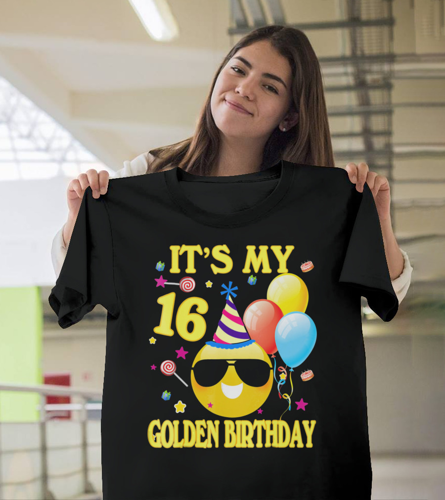 It's My 16 Golden Birthday Emoji Balloons Party Hat T-Shirt