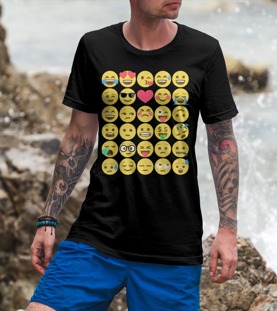 Emoji Emoticons Smiley Faces Heart Sunglasses Laughing Crying Stack T-Shirt