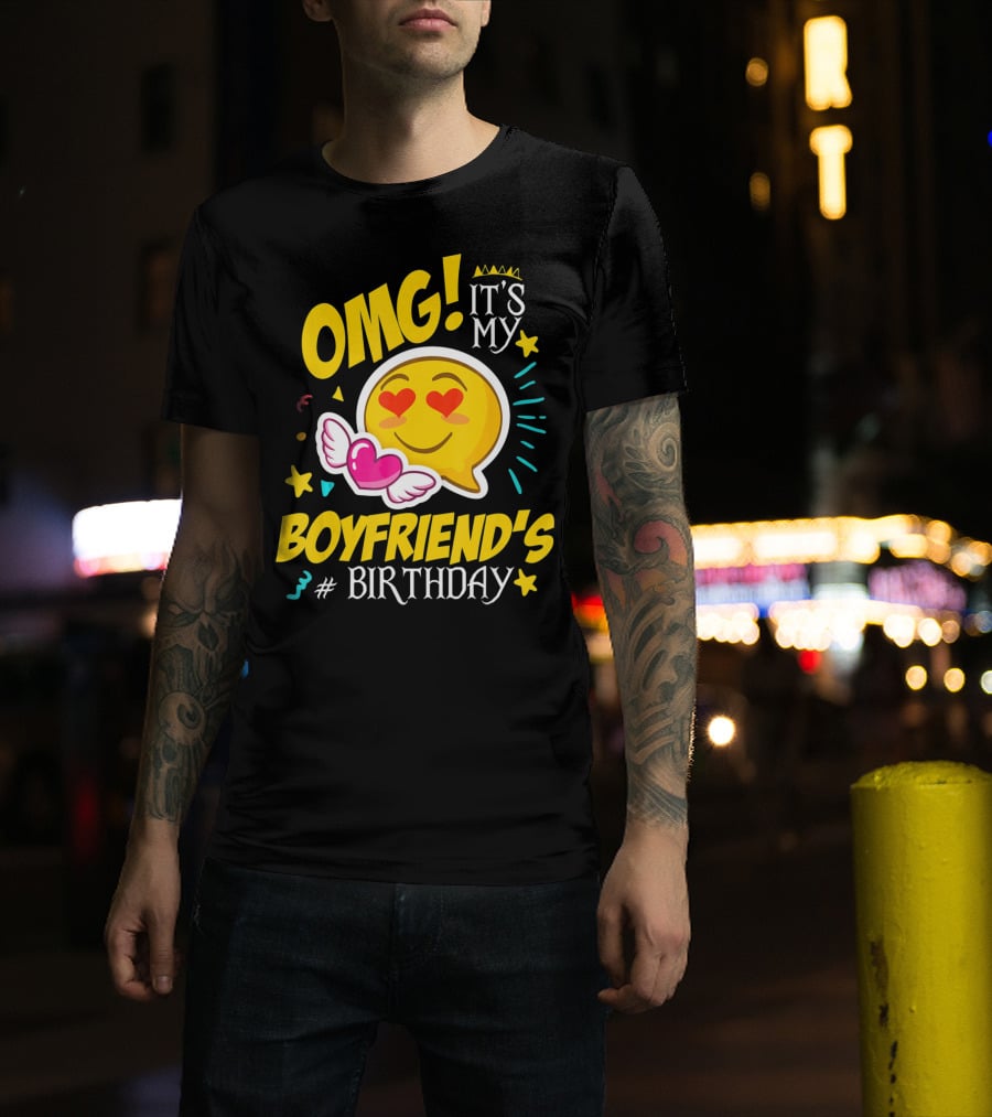 OMG It's My Boyfriend's Birthday Cool Emo Emoji Hearts Wings T-Shirt
