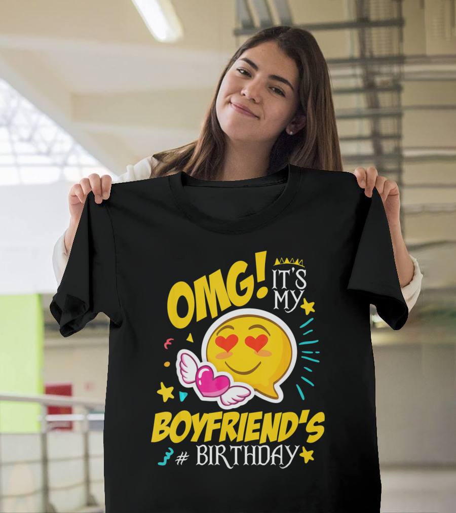 OMG It's My Boyfriend's Birthday Cool Emo Emoji Hearts Wings T-Shirt