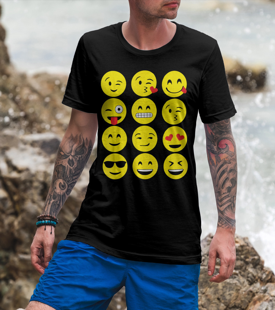 Emojis Funny Emoji Yellow Face Winking Smiling Heart Eyes Sunglasses Expression T-Shirt