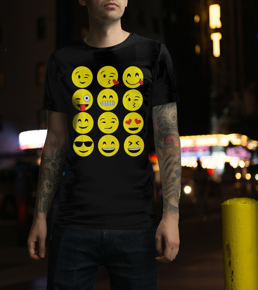 Emojis Funny Emoji Yellow Face Winking Smiling Heart Eyes Sunglasses Expression T-Shirt