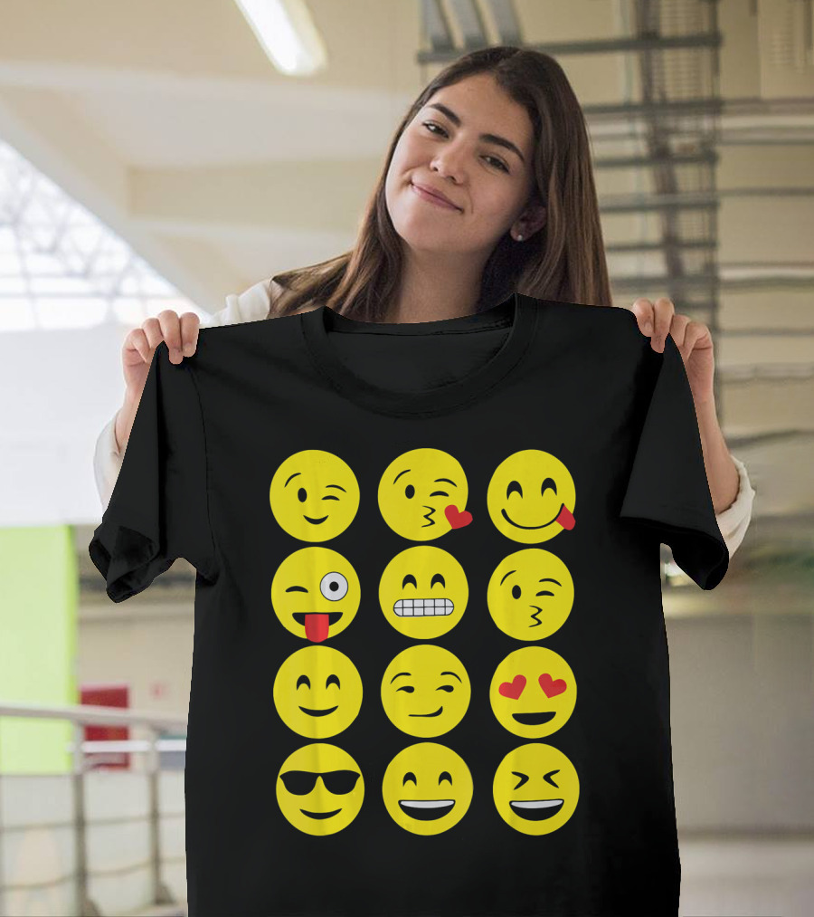 Emojis Funny Emoji Yellow Face Winking Smiling Heart Eyes Sunglasses Expression T-Shirt