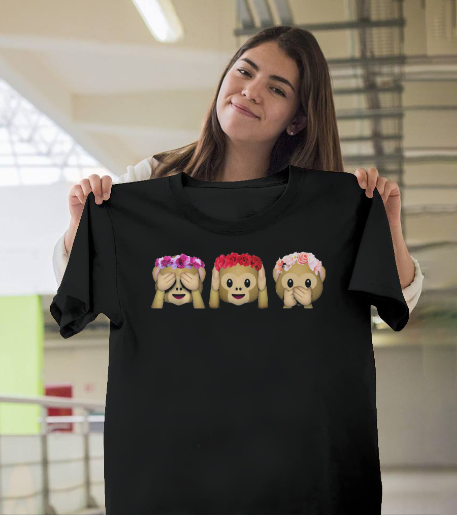 Three Emoji Monkey Flower Crown Hear Speak See T-Shirt