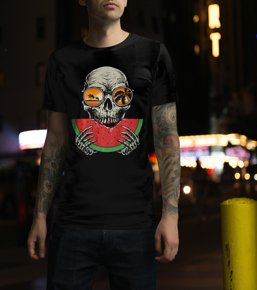 Watermelon Skull Wearing Summer Glasses With Beach Reflections T-Shirt