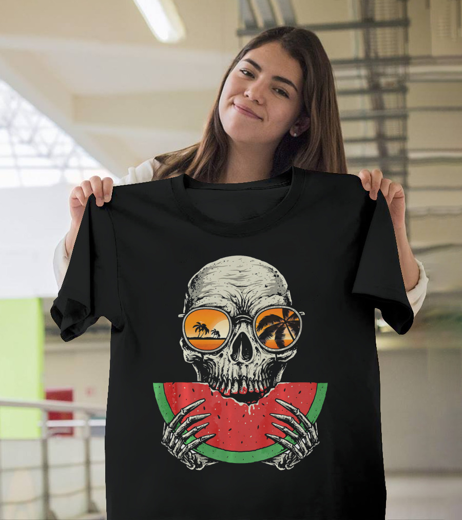 Watermelon Skull Wearing Summer Glasses with Beach Reflections T-Shirt