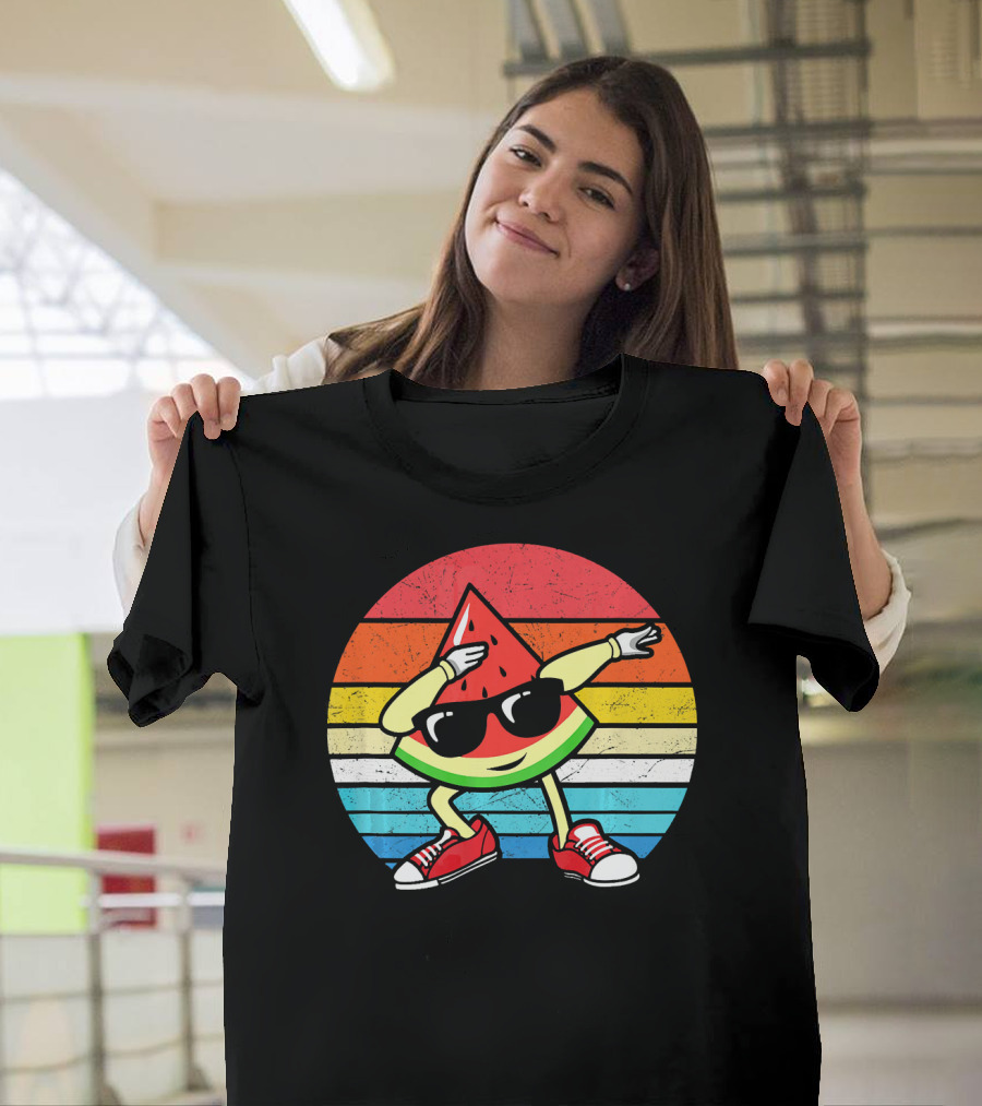 Dabbing Watermelon Vintage Summer Retro Sunset Stripes T-Shirt
