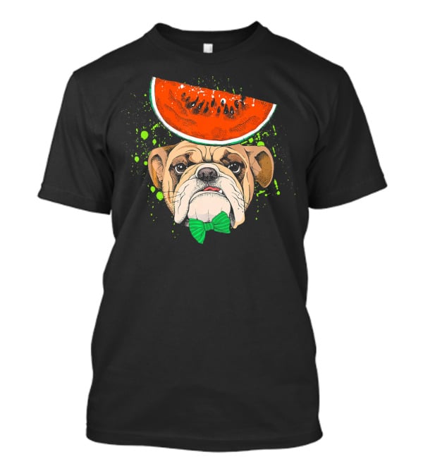 Bulldog Wearing Watermelon Hat With Green Bow Tie T-Shirt