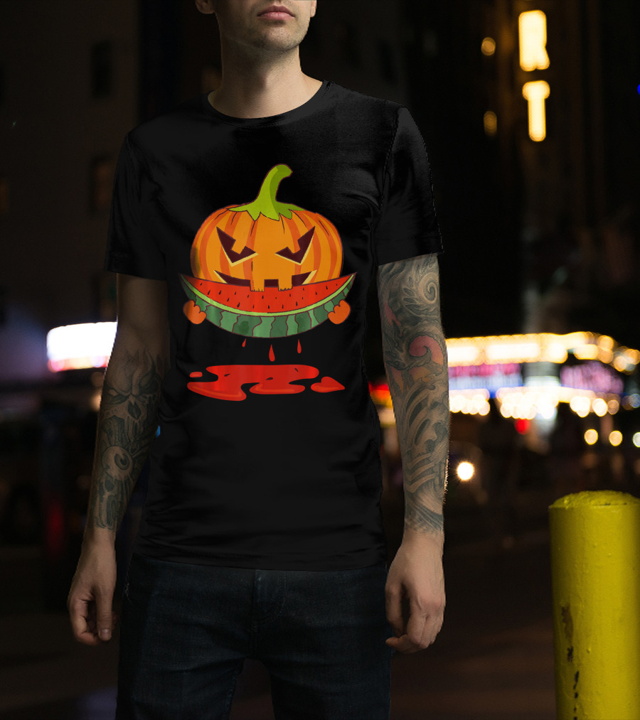 Creepy Pumpkin Devours Juicy Watermelon In Spooky T-Shirt