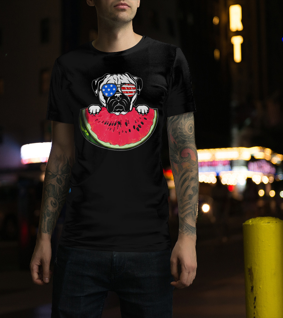 Funny Watermelon Day Pug American Flag Glasses T-Shirt