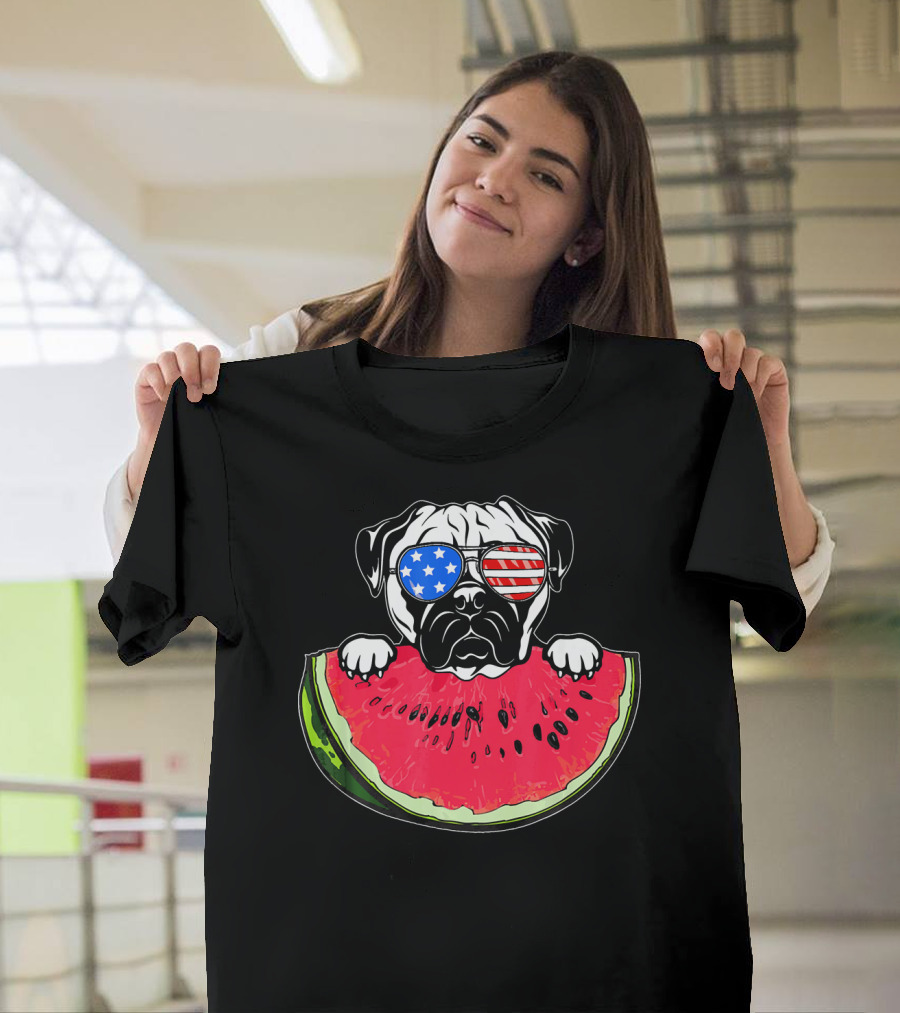 Funny Watermelon Day Pug American Flag Glasses T-Shirt