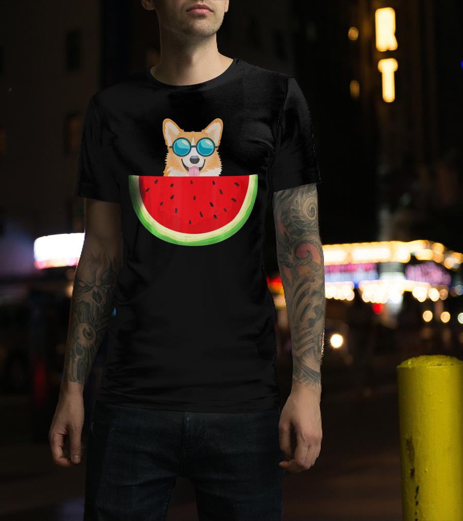 Corgi With Sunglasses And Watermelon Slice Womens T-Shirt