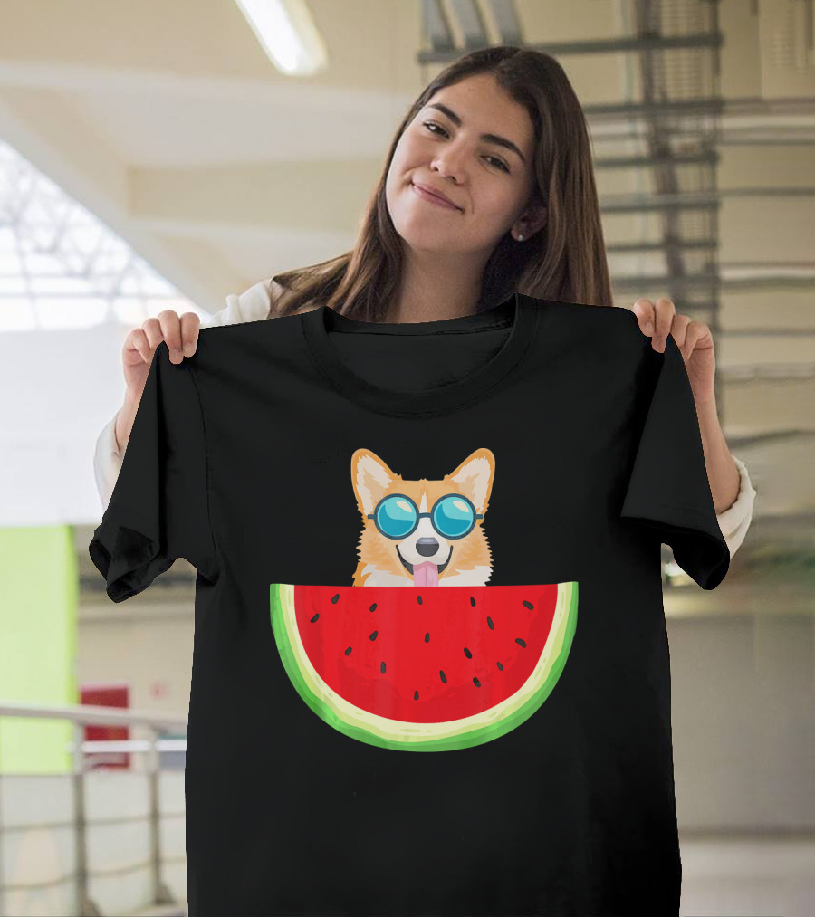 Corgi With Sunglasses and Watermelon Slice Womens T-Shirt