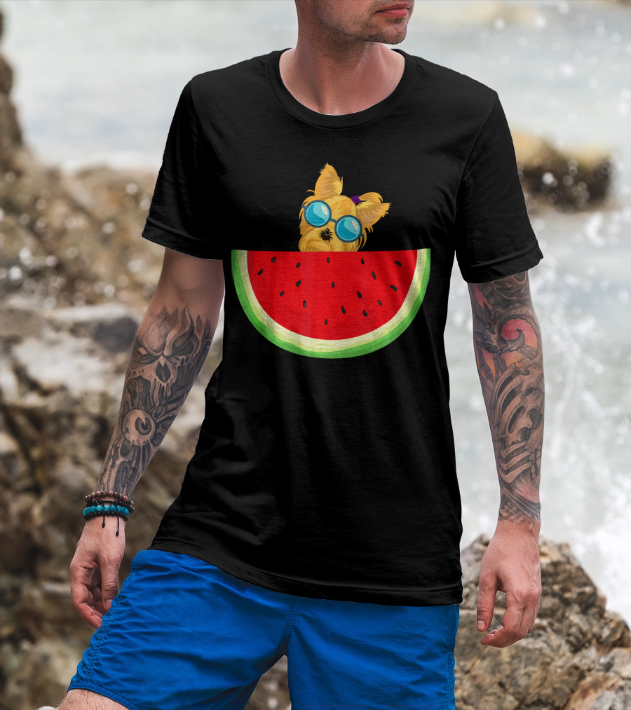 Yorkie Dog With Sunglasses And Watermelon Slice T-Shirt