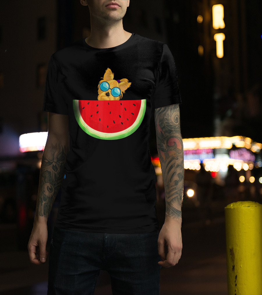 Yorkie Dog With Sunglasses And Watermelon Slice T-Shirt