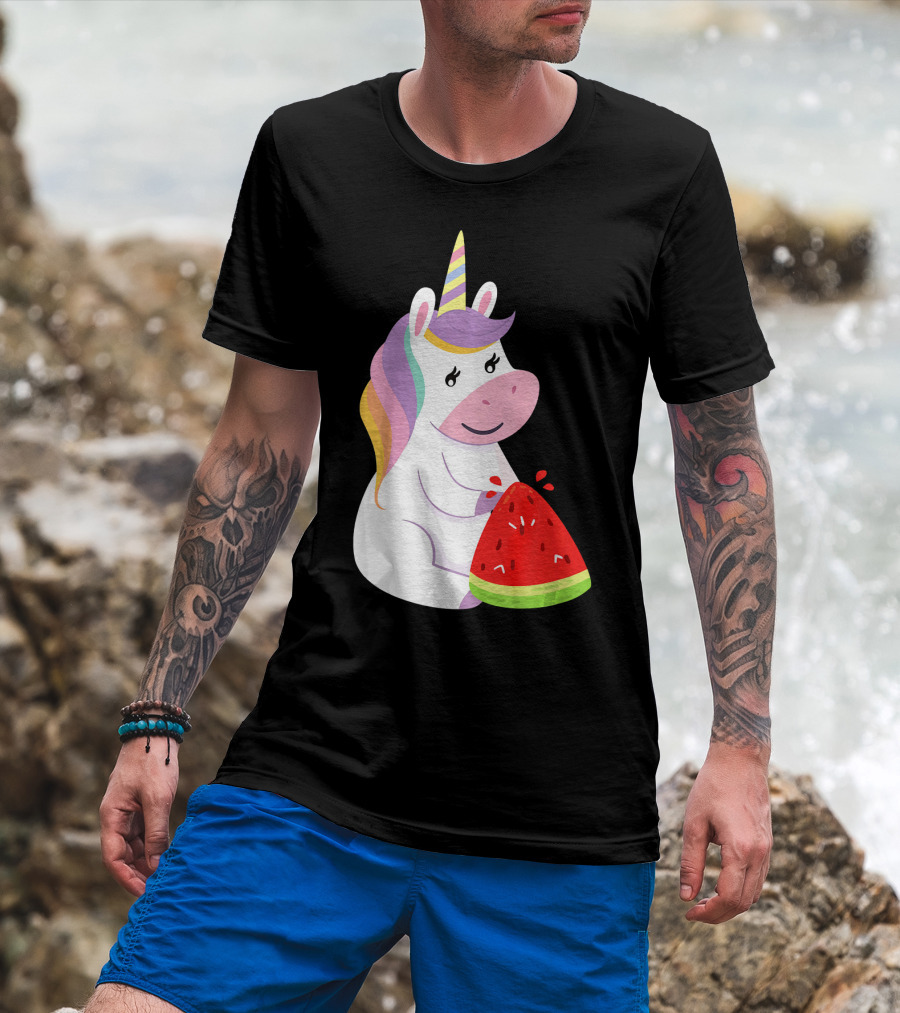 Unicorn Eating Watermelon With Rainbow Mane Novelty T-Shirt
