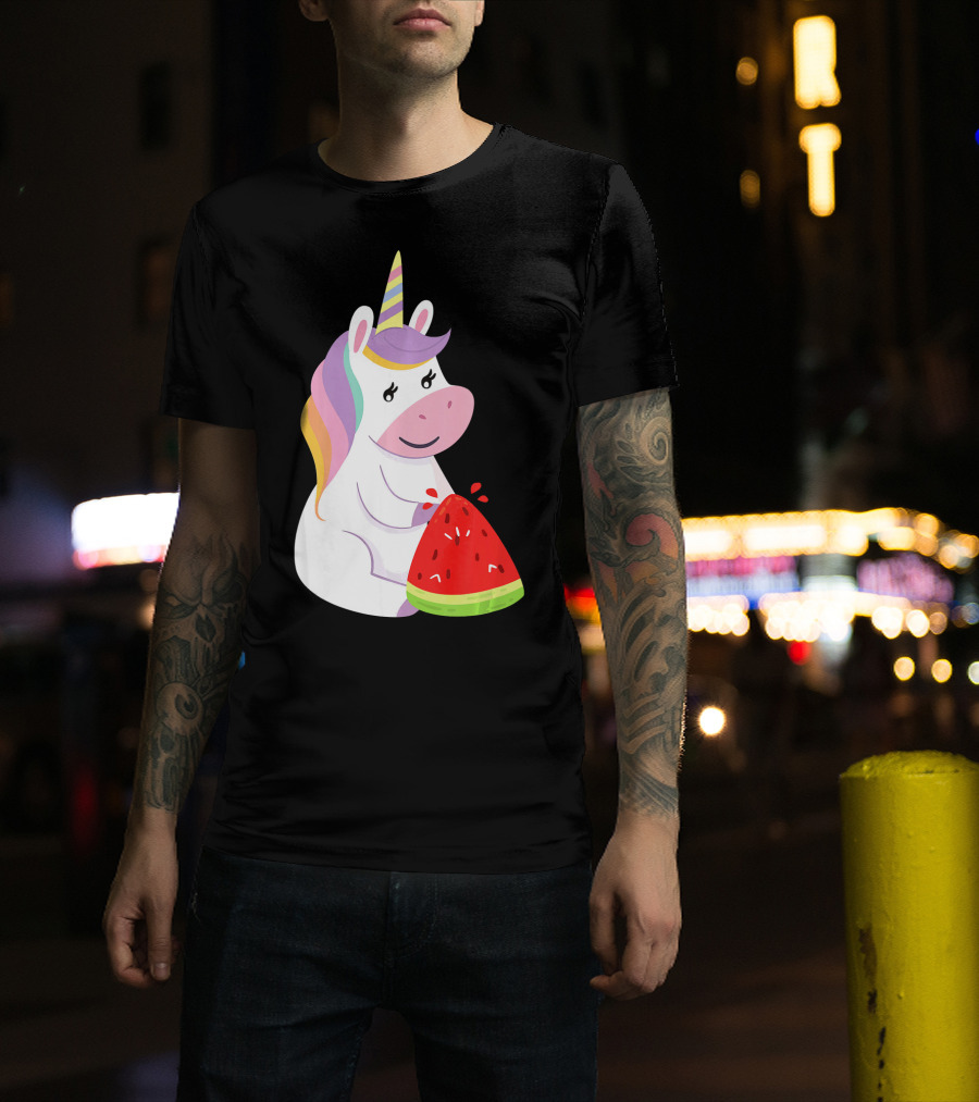 Unicorn Eating Watermelon With Rainbow Mane Novelty T-Shirt