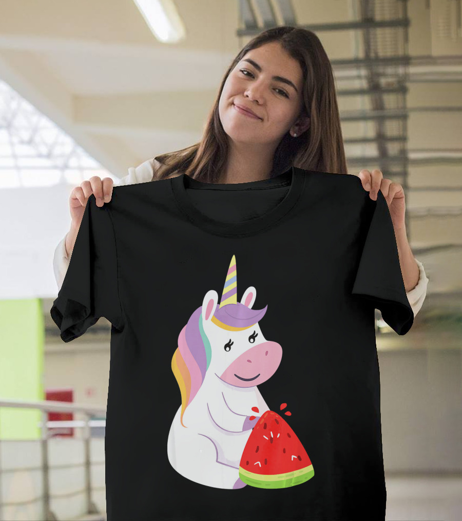 Unicorn Eating Watermelon with Rainbow Mane Novelty T-Shirt