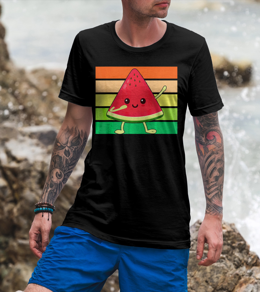 Dabbing Watermelon Retro Rainbow Stripes T-Shirt