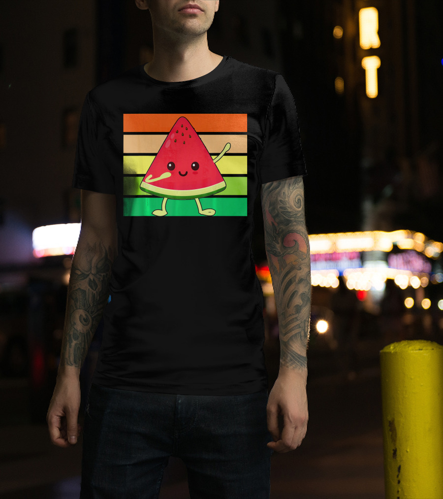 Dabbing Watermelon Retro Rainbow Stripes T-Shirt