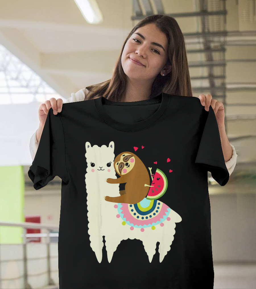 Sloth Hugging Watermelon with Hearts on Colorful Llama T-Shirt