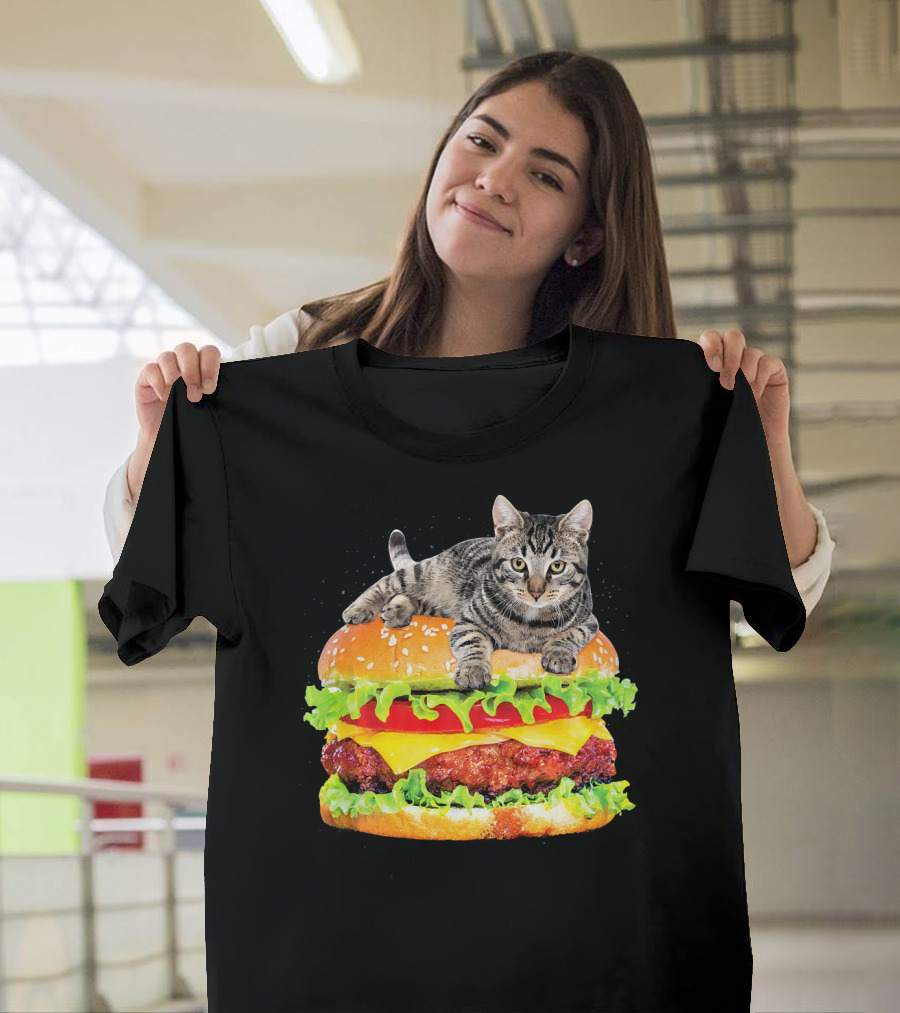 Funny Space Cat on Giant Hamburger T-Shirt