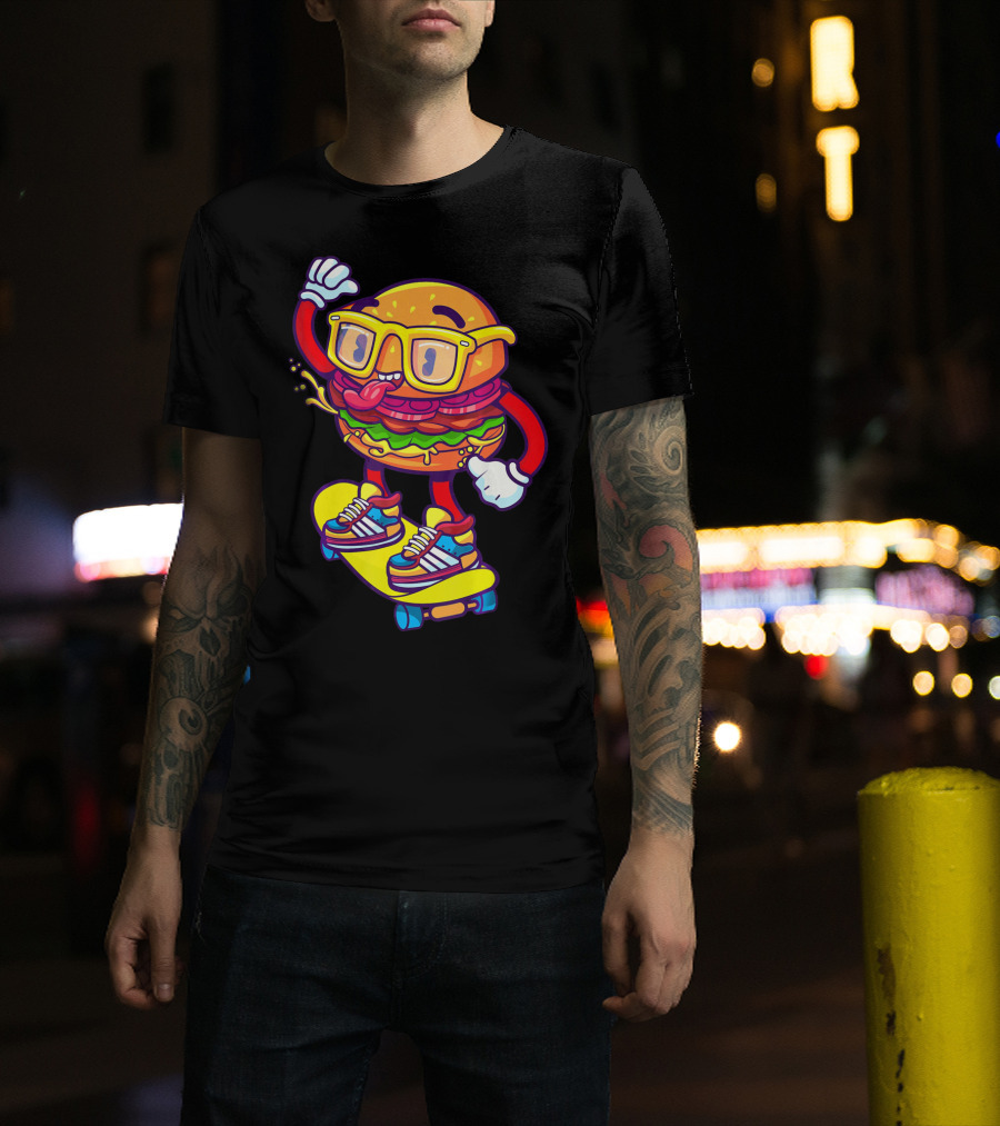Skateboarding Cheeseburger Cartoon With Glasses And Sneakers T-Shirt