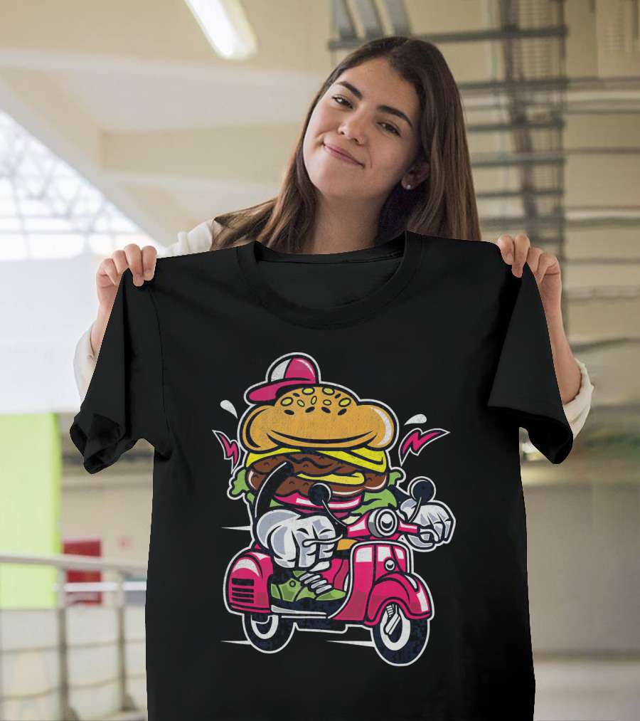 Vintage Scooter Burger Cartoon Rider T-Shirt