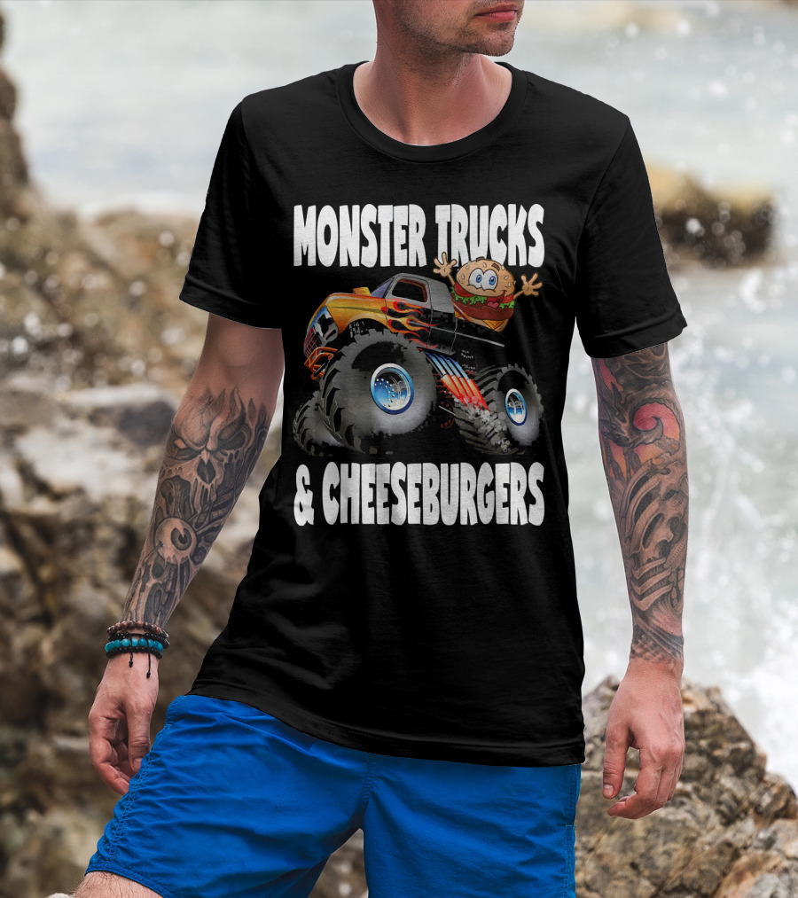Monster Trucks And Cheeseburgers With Cartoon Cheeseburger Driver T-Shirt