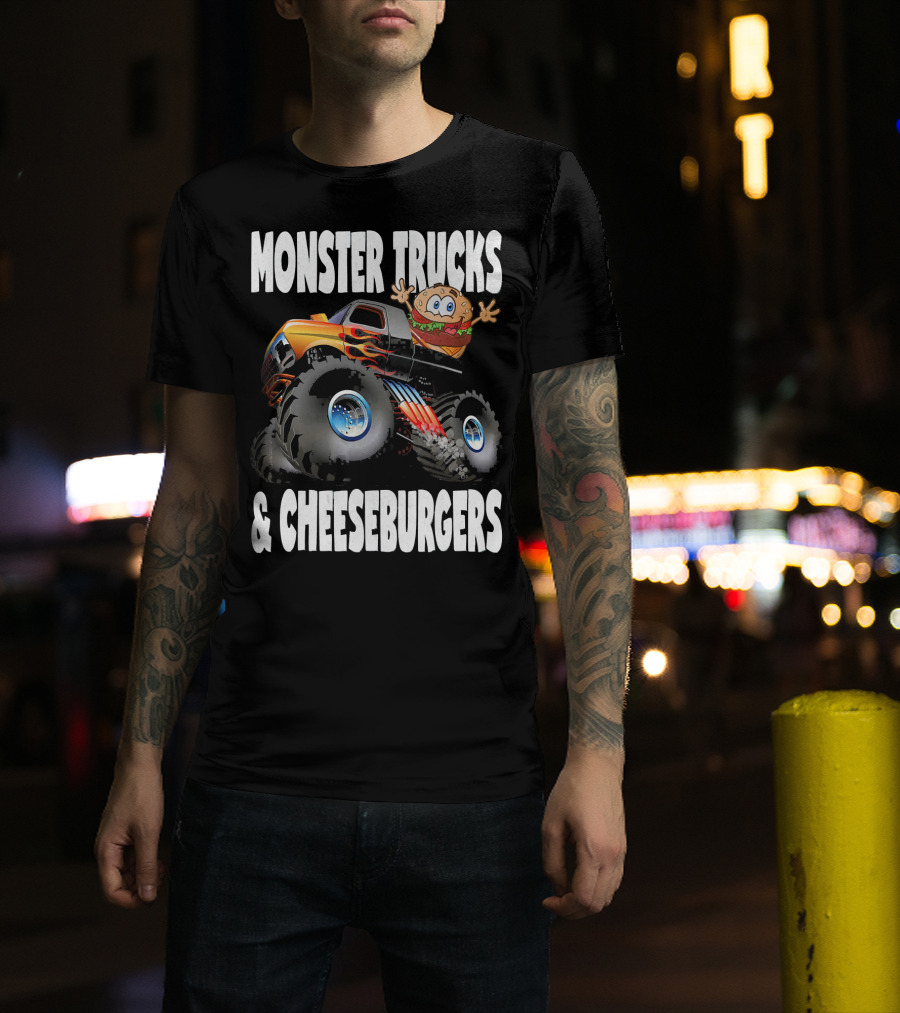 Monster Trucks And Cheeseburgers With Cartoon Cheeseburger Driver T-Shirt