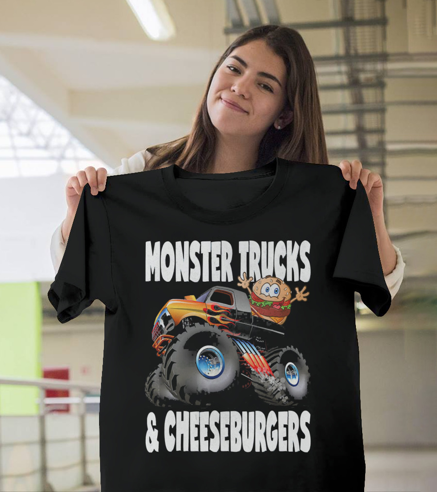 Monster Trucks And Cheeseburgers With Cartoon Cheeseburger Driver T-Shirt
