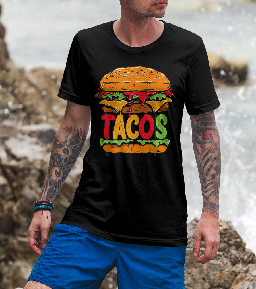 Tacurger Burger Mexican Tortilla Tacos Bold Colorful Lettuce Cheese Combo T-Shirt