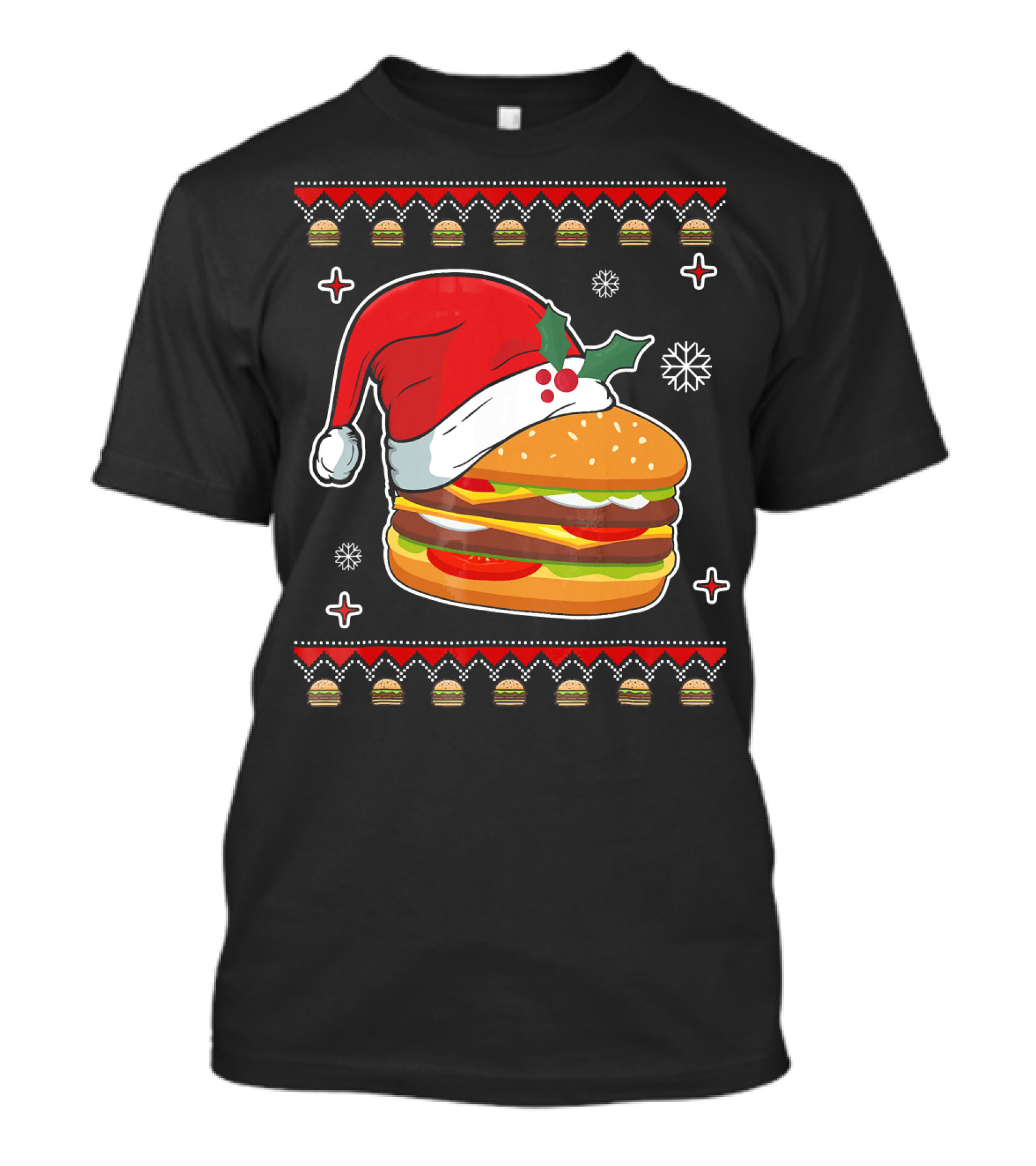 Santa Hat Hamburger Christmas Ugly T-Shirt
