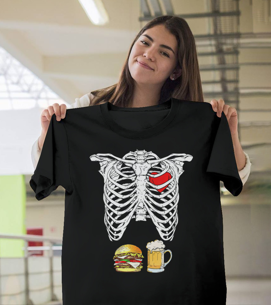 Ribcage Xray Skeleton with Heart Burger and Beer T-Shirt