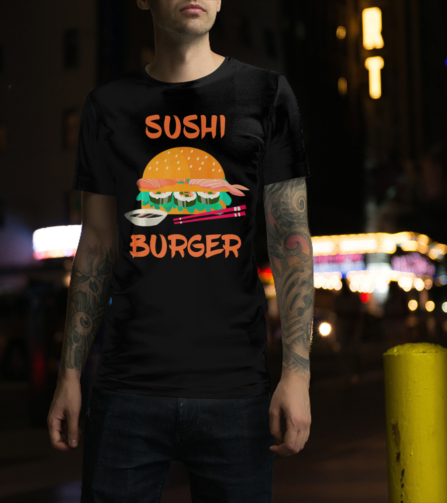 Sushi Burger Japanese Food Hamburger Fusion With Rice Rolls And Chopsticks T-Shirt