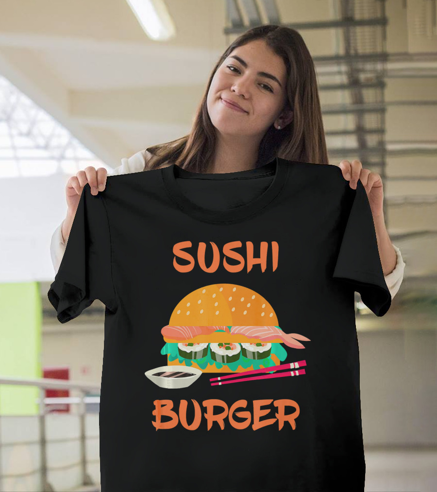 Sushi Burger Japanese Food Hamburger Fusion with Rice Rolls and Chopsticks T-Shirt
